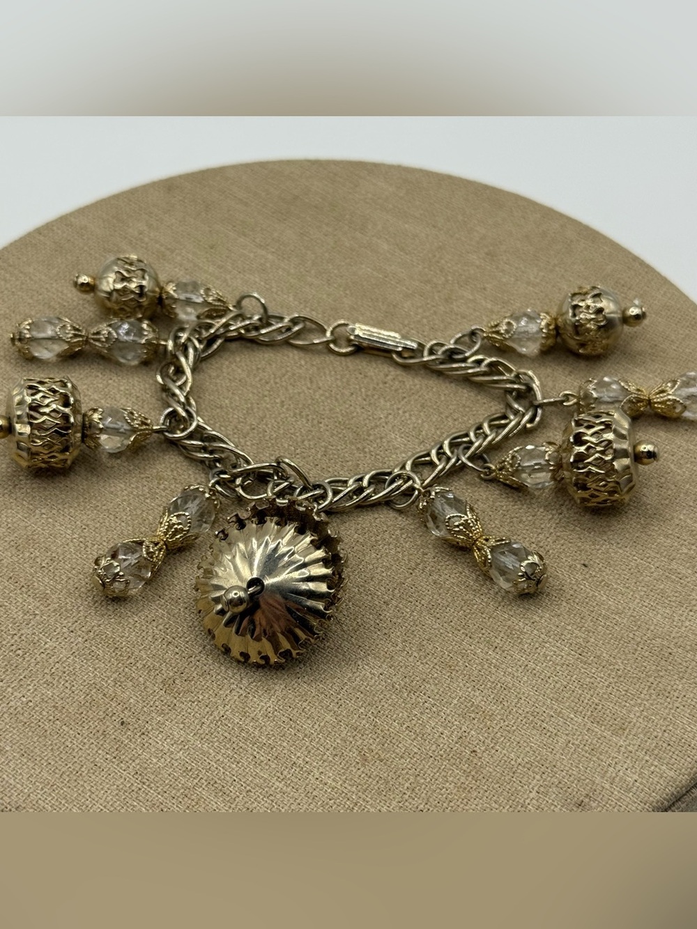 1960s Gold Tone Charm Bracelet with Clear Crystal Drops
